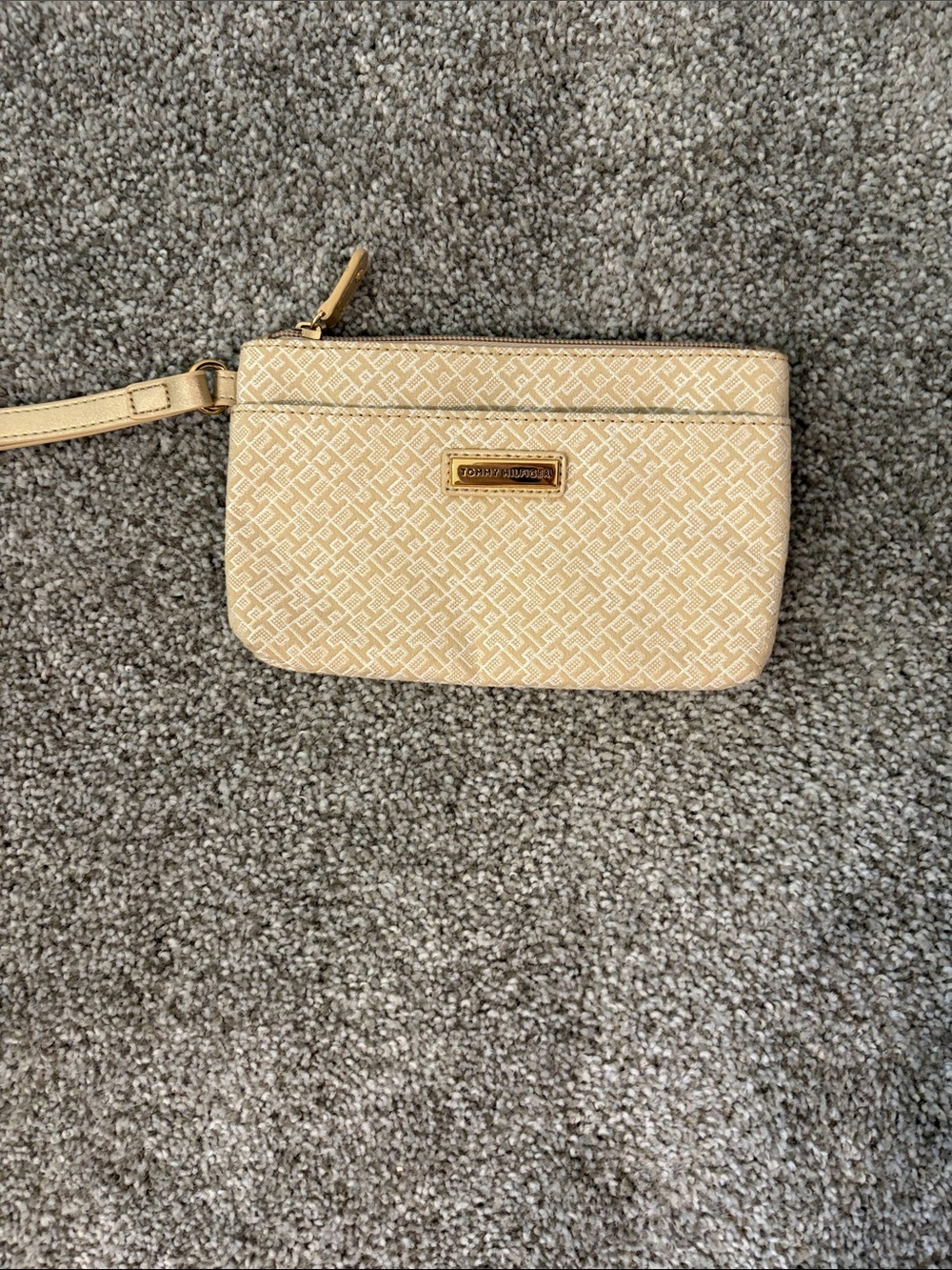 Tommy Hilfiger Beige Monogram Wristlet with Gold Plaque